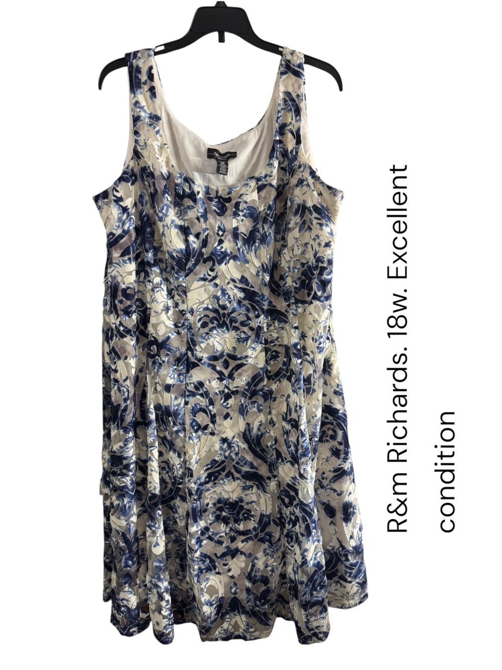 R&M Richards Blue and Cream Floral A-Line Sleeveless Dress